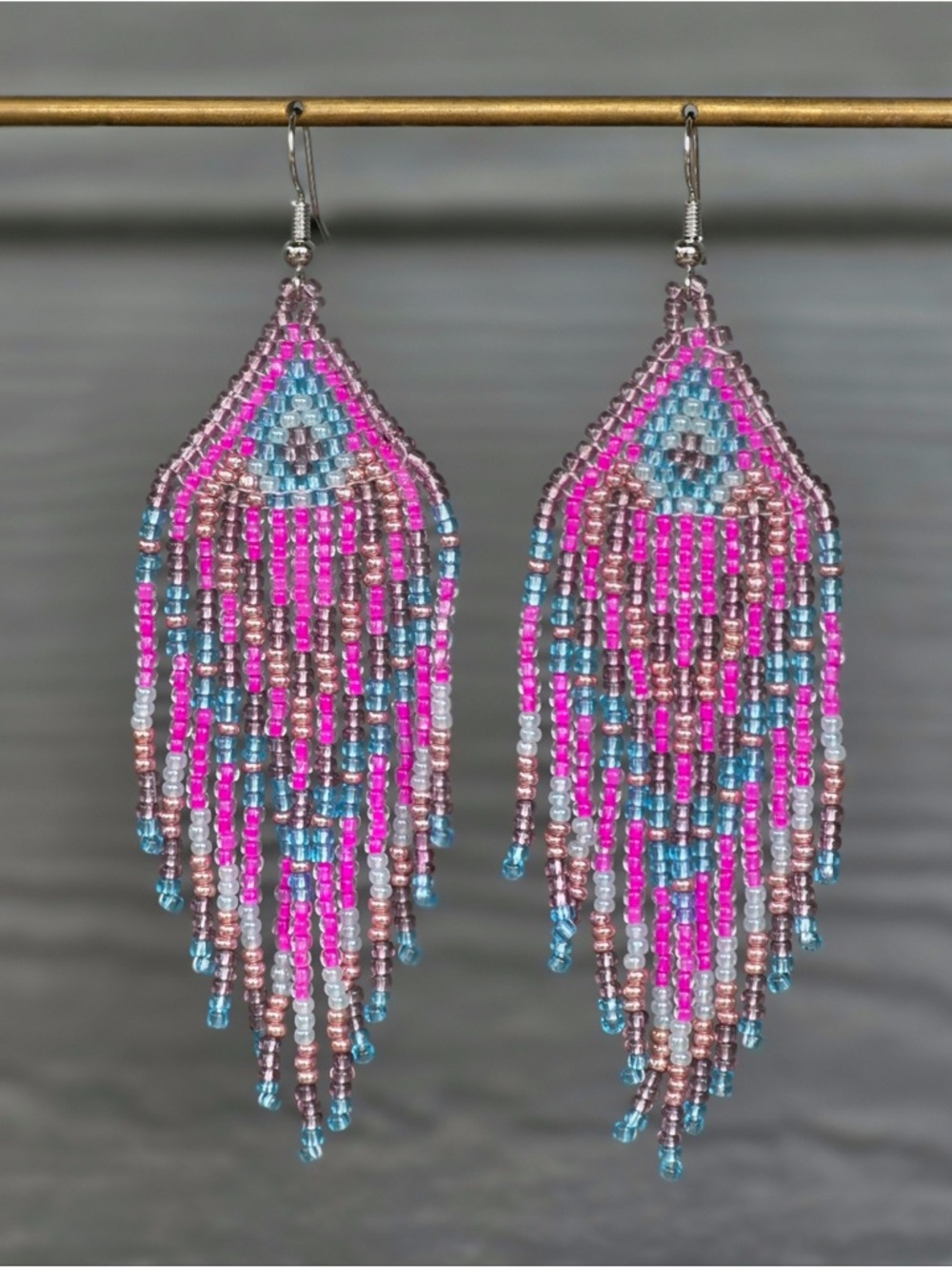 Handmade Pink & Blue Seed Bead Fringe Earrings